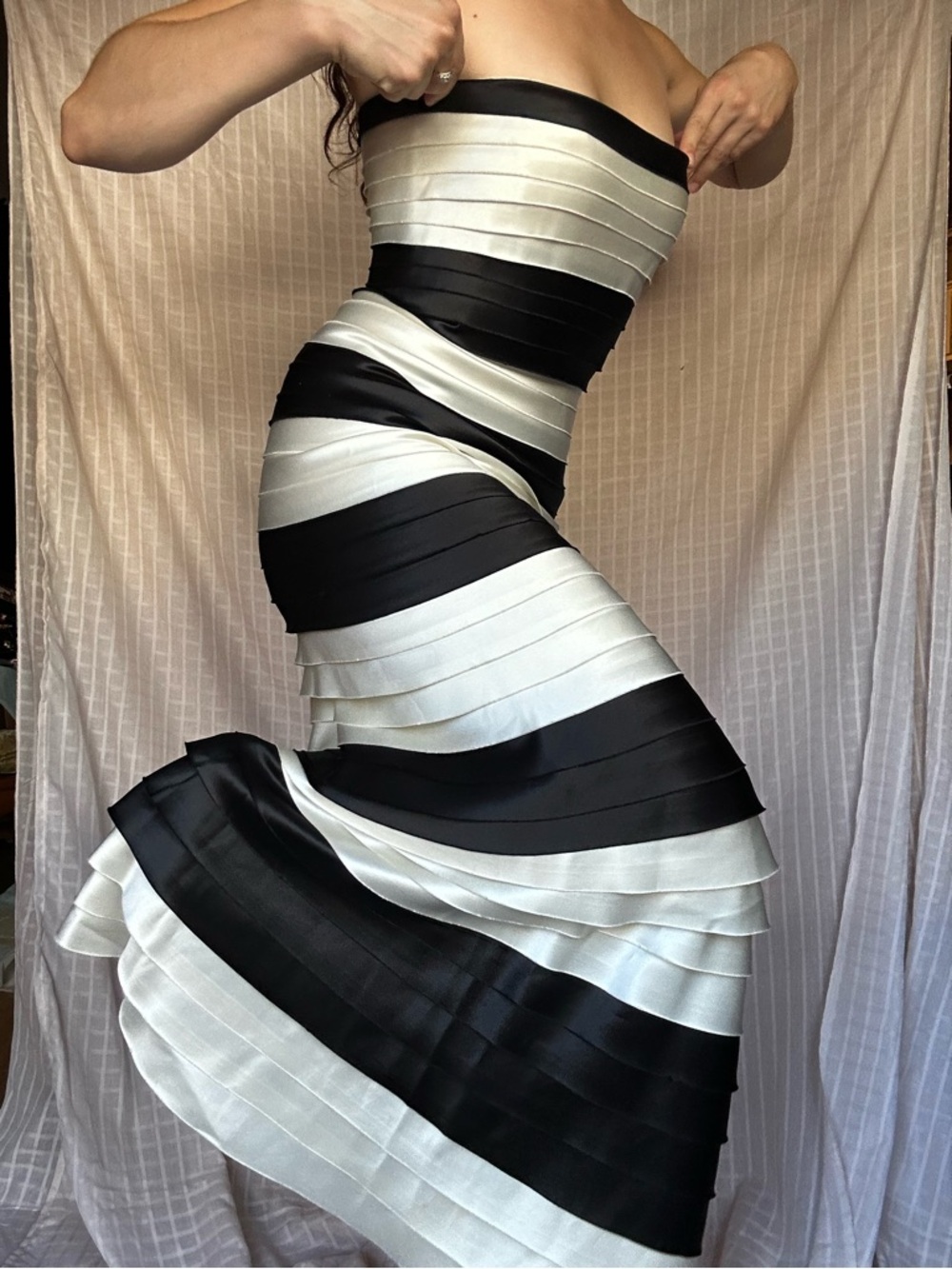 BCBGMaxAzria Black and White Strapless Tiered Maxi Dress